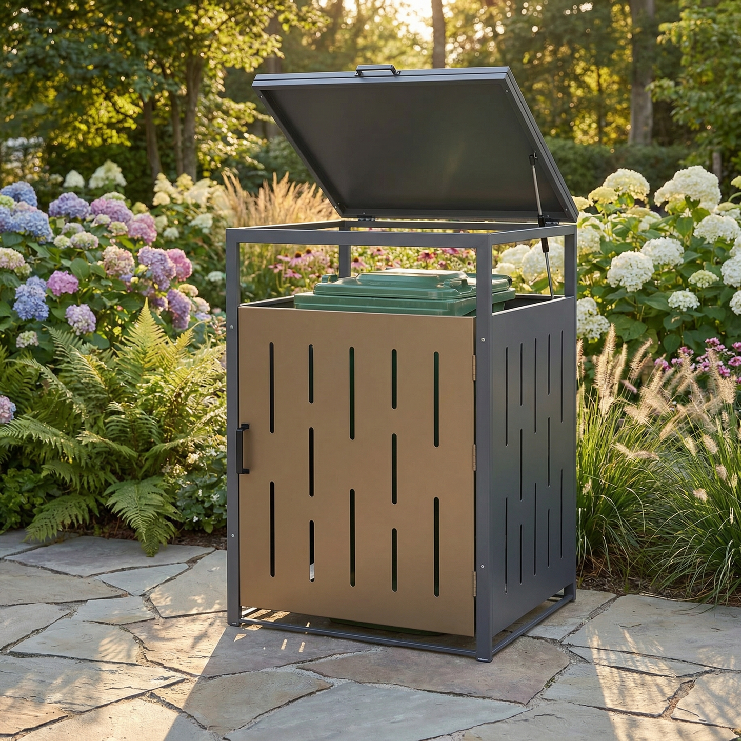 Secure garbage bin enclosure for raccoon and animal protection