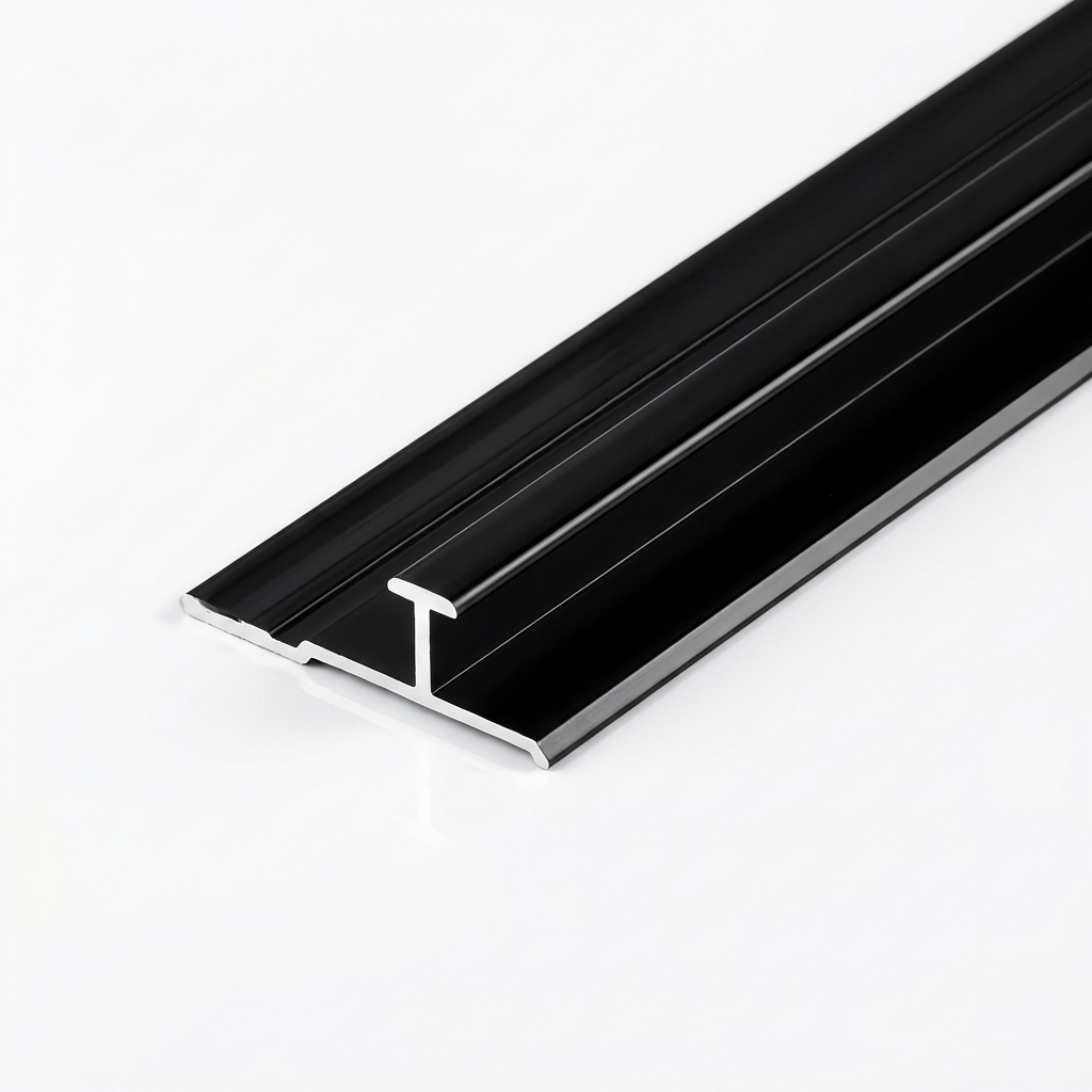 Black aluminum alloy seamless connection H trim, 5/16 x 110 in, shown at an angle with the cross section visible