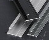 Black and silver 3mm aluminum H-joint connection trim profiles shown from the cross-section ends