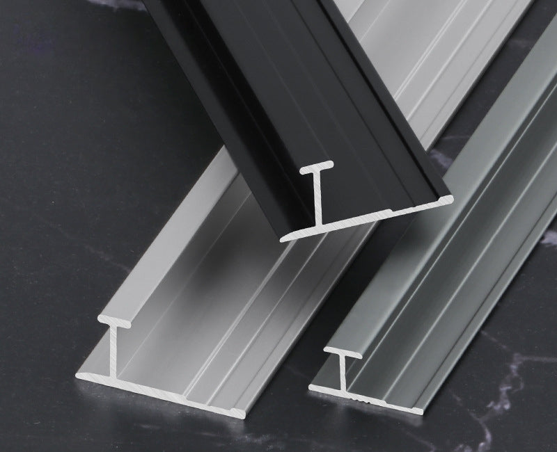 Black and silver 3mm aluminum H-joint connection trim profiles shown from the cross-section ends