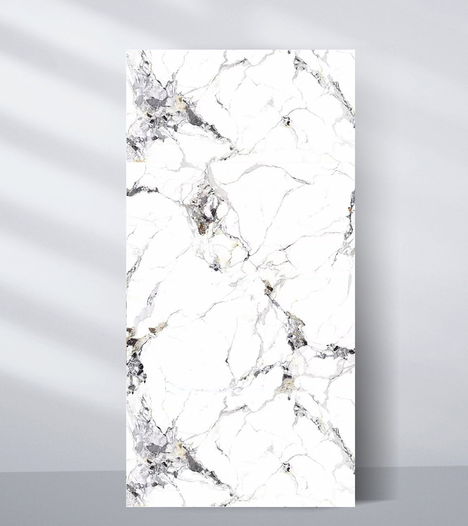 Wood veneer wall panel sample with fine gray, black, and gold marble-look veining on white