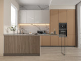 Modern kitchen island finished with vertical Royal Oak fluted wood paneling