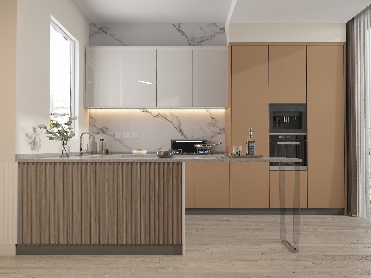 Modern kitchen island finished with vertical Royal Oak fluted wood paneling