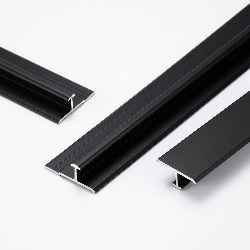 Three black aluminum alloy seamless connection H trim profiles on a white background