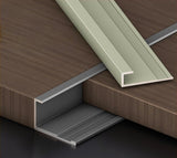 Silver-gray and champagne 3mm aluminum end cap trim profiles displayed with dark wood-look PVC wall panels