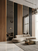 Black Mirror wood veneer panels installed between warm wood and fluted wall sections in a modern living room
