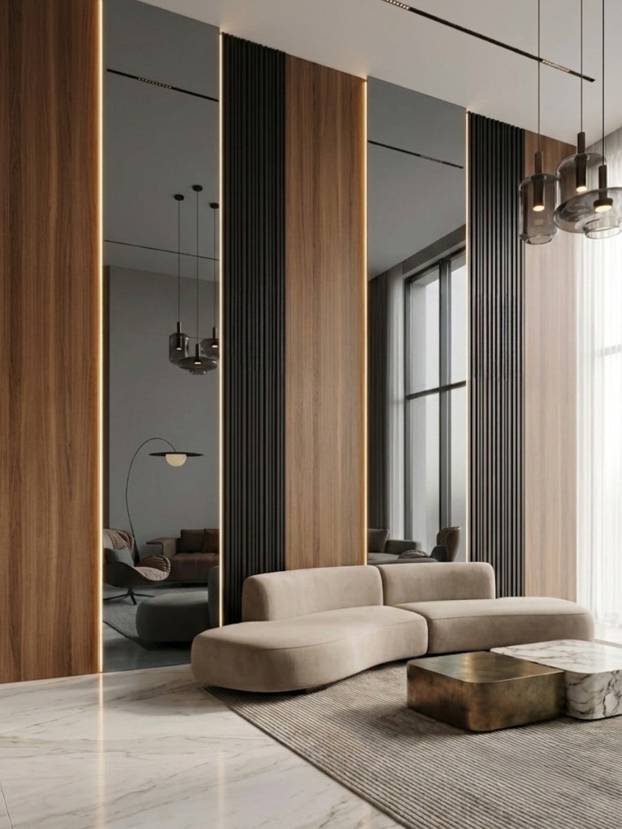 Gray mirror wood veneer panels installed between walnut and black fluted sections in a modern living room