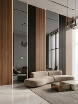 Gray mirror wood veneer panels installed between walnut and black fluted sections in a modern living room