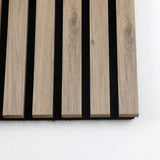 Close-up of five white wood veneer slats with natural grain and black acoustic backing