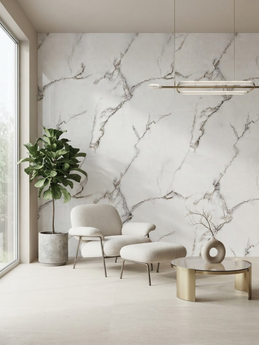 Modern home featuring Calacatta White PVC marble wall panels