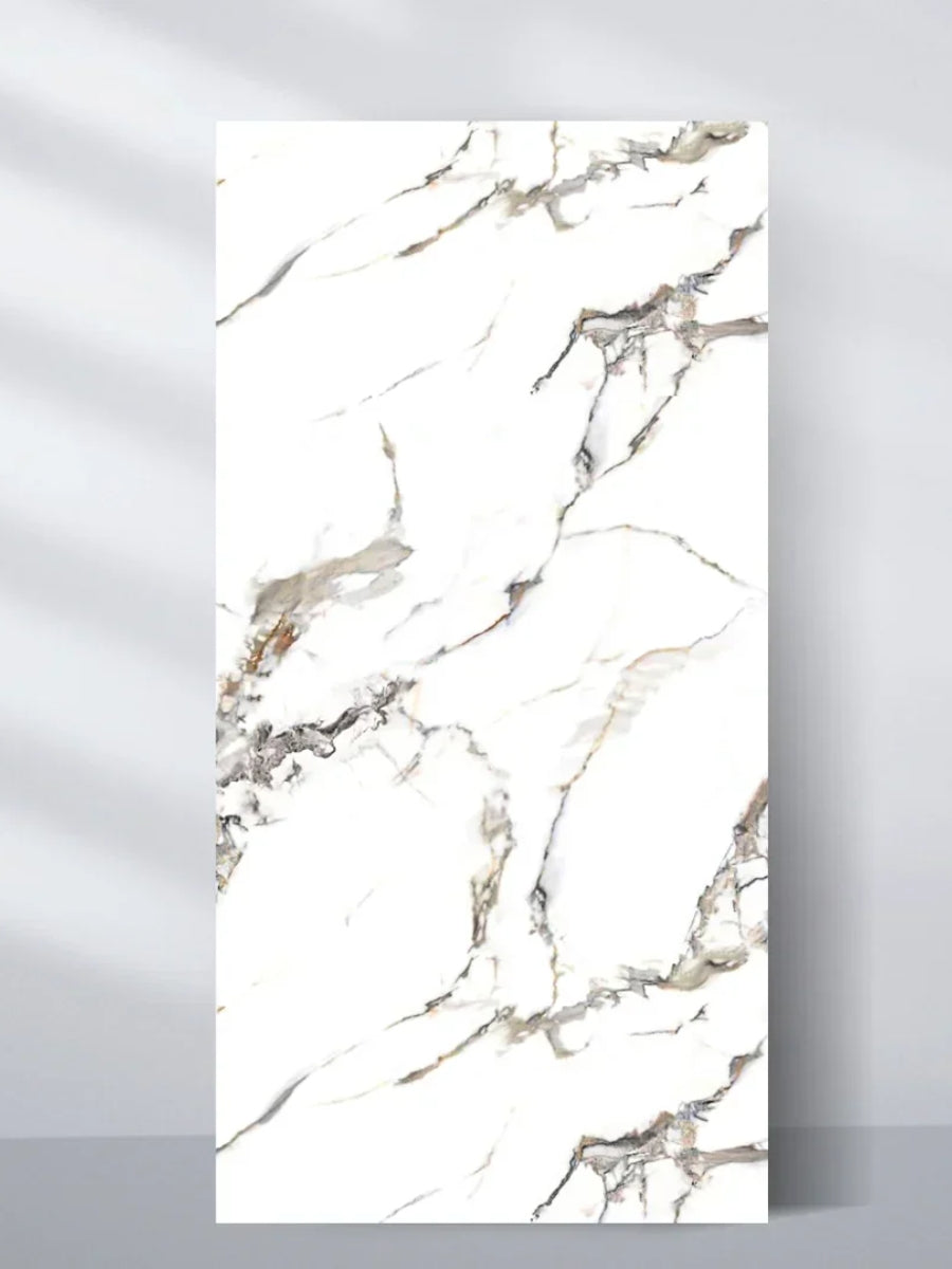 4x8 ft 3D Beige Ibiza PVC marble sheet with a white base and flowing gray, black and beige veining