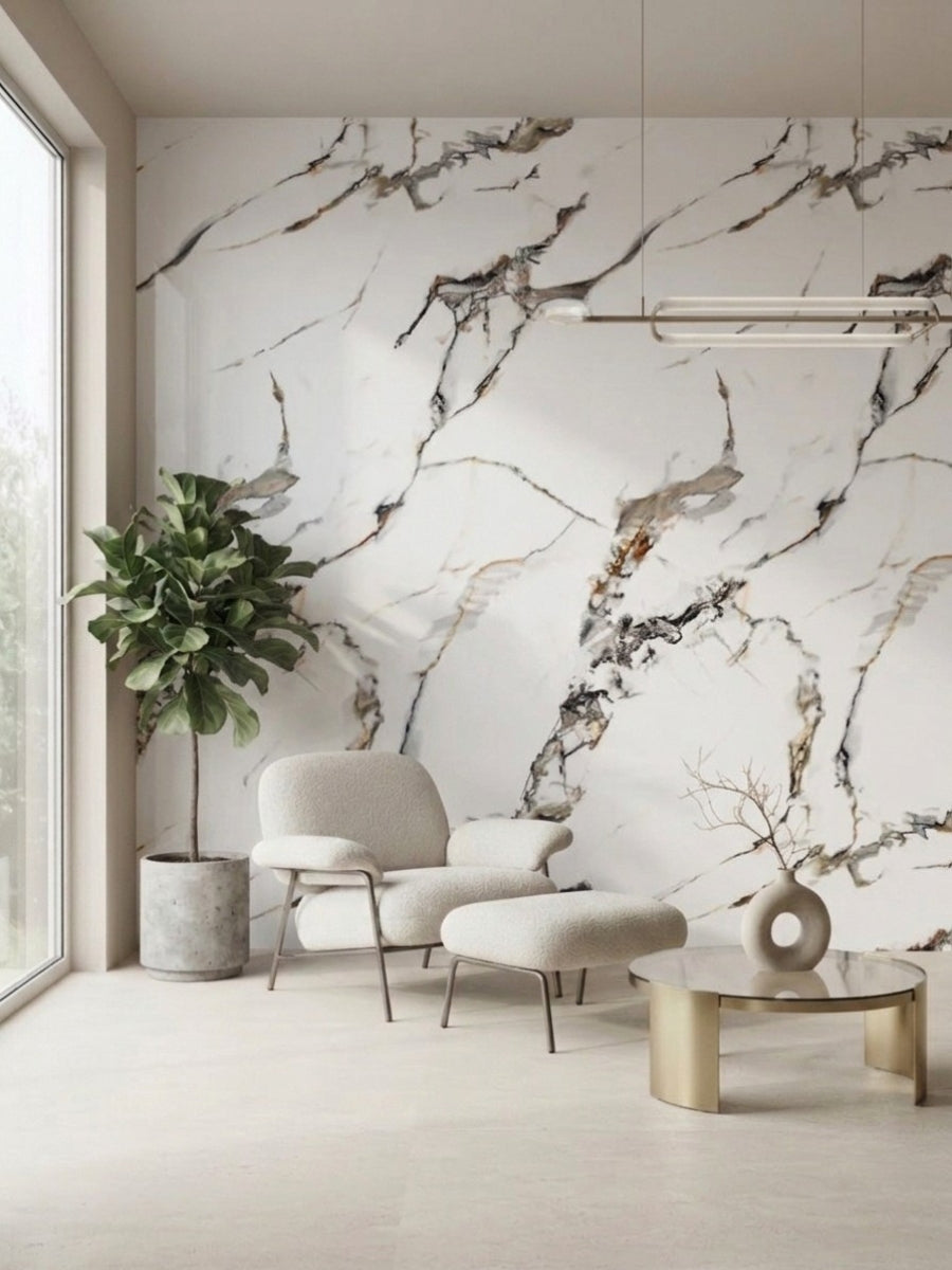 3D Beige Ibiza PVC marble sheets installed as a veined feature wall in a modern sitting area