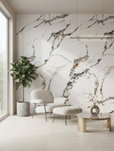 3D Beige Ibiza PVC marble sheets installed as a veined feature wall in a modern sitting area