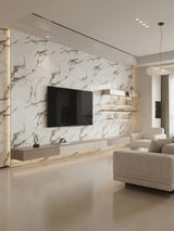 Modern living room TV wall clad in Beige Ibiza PVC marble sheets with illuminated shelving