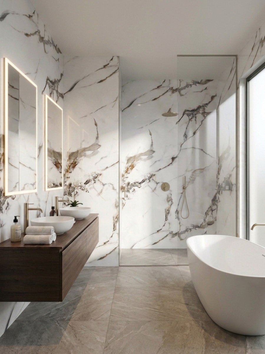 Modern bathroom and walk-in shower clad in waterproof Beige Ibiza PVC marble sheets