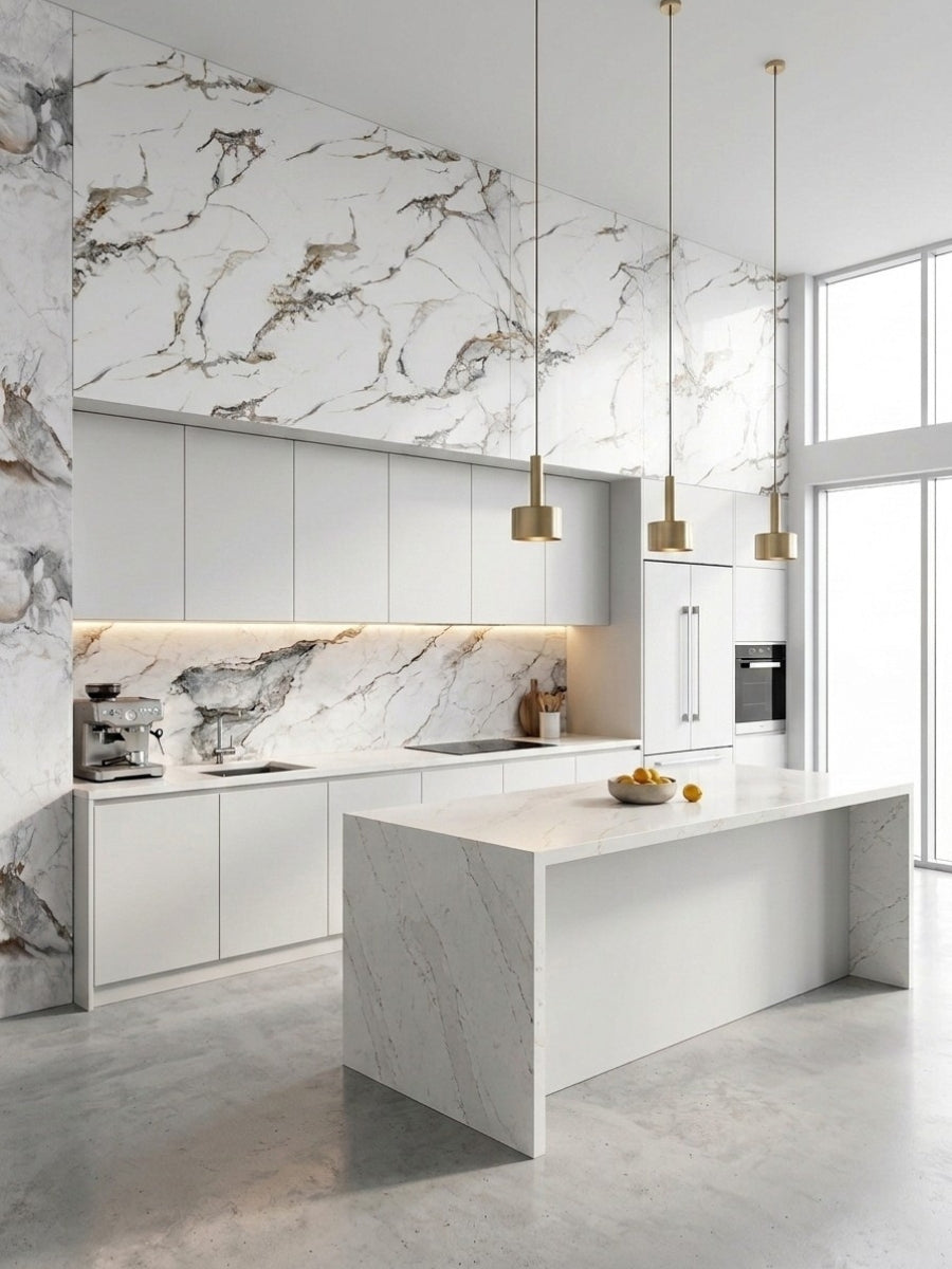 Bright modern kitchen with Beige Ibiza PVC marble sheets on the walls, backsplash and island