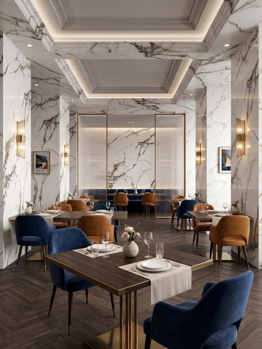 Elegant restaurant interior with walls and columns clad in Beige Ibiza PVC marble sheets