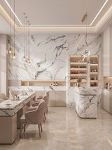 Modern salon with Beige Ibiza PVC marble sheets covering the feature wall, counters and worktables