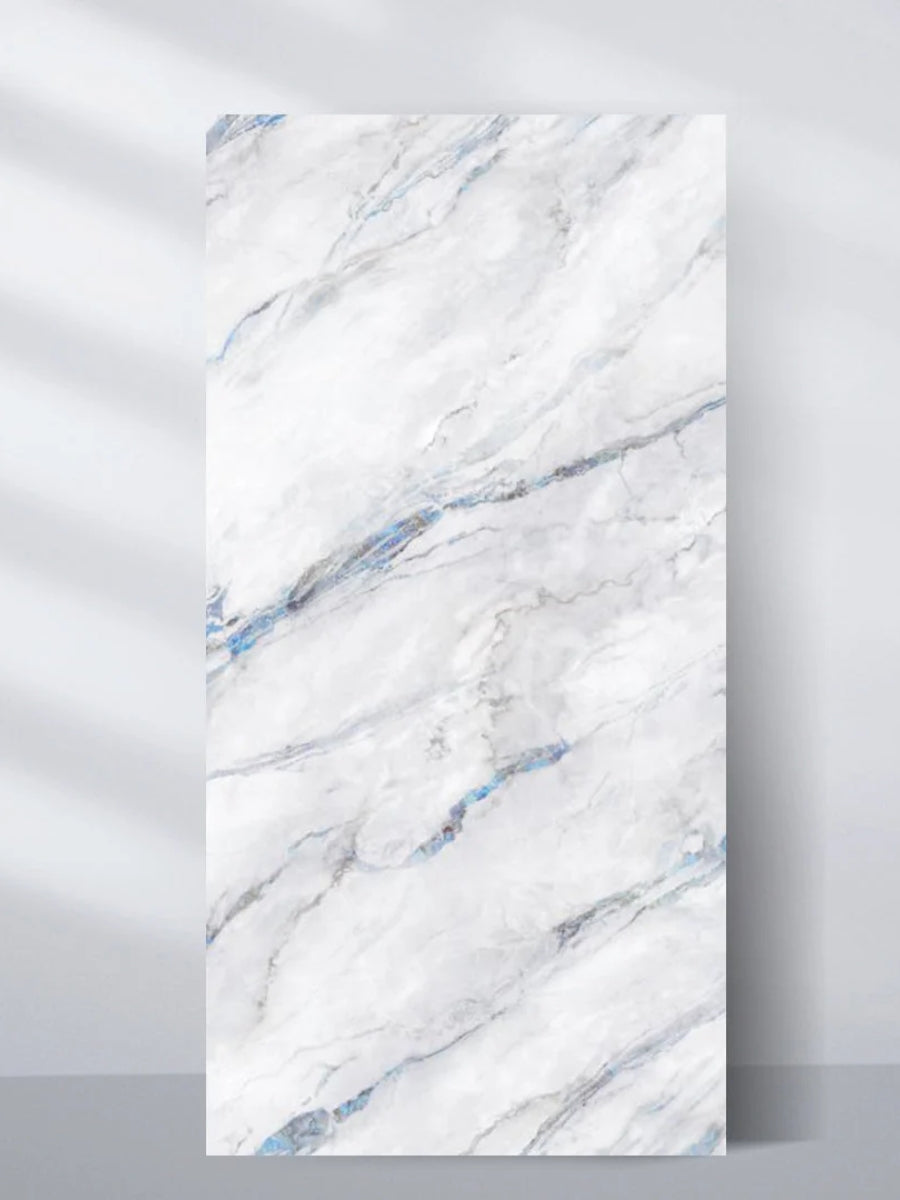 Full 4 x 8 ft 3D Bluewave PVC marble sheet with a white surface and flowing blue-gray veining