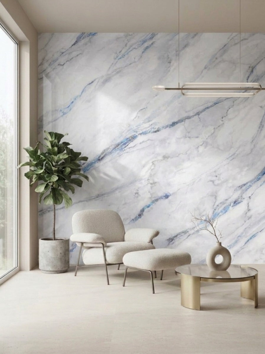 3D Bluewave PVC marble sheets installed as a blue-veined feature wall in a modern lounge area
