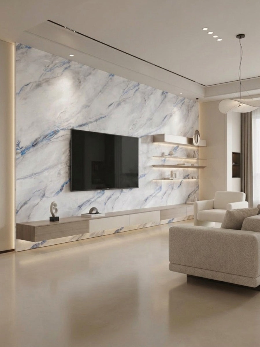 Modern living room TV wall clad in white 3D Bluewave PVC marble sheets with blue-gray veining