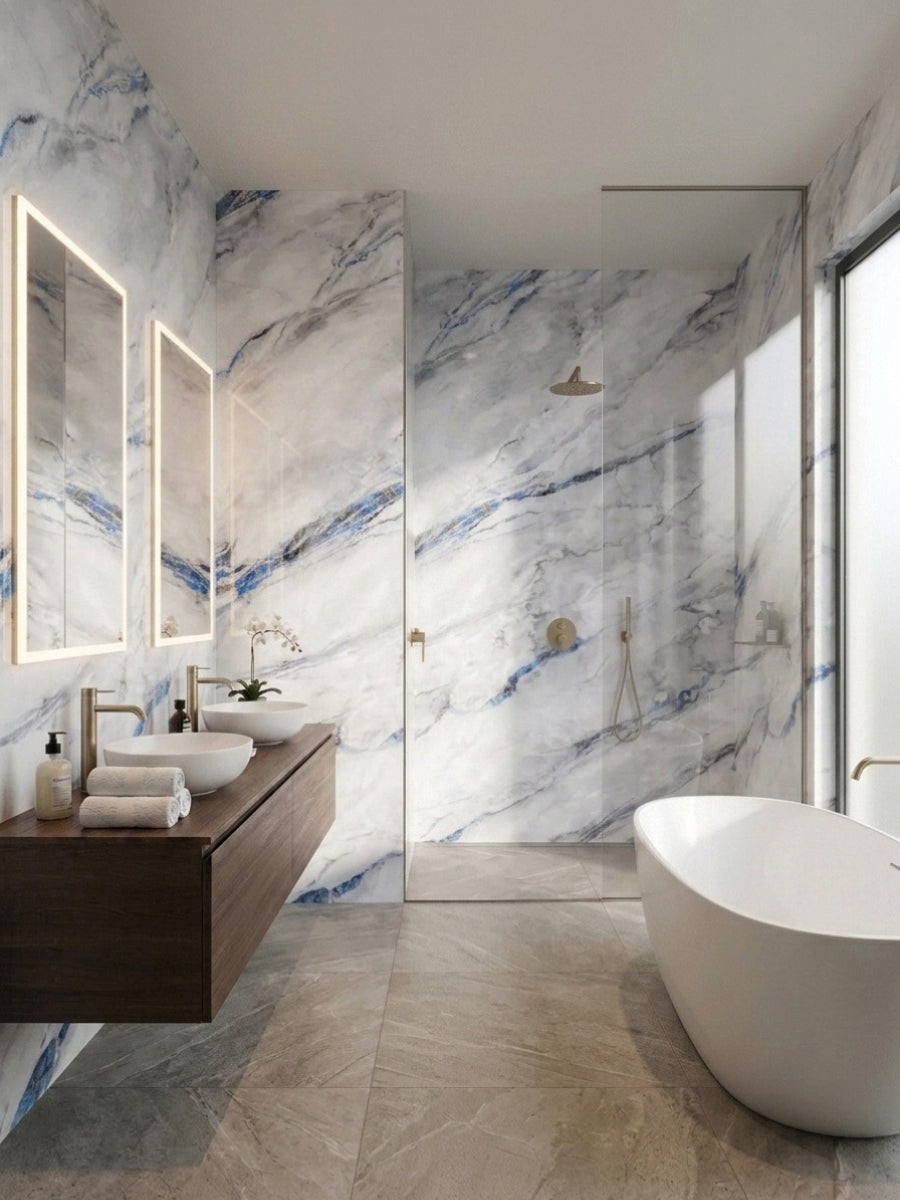 Modern bathroom with blue-veined 3D Bluewave PVC marble sheets on the vanity, shower, and bathtub walls