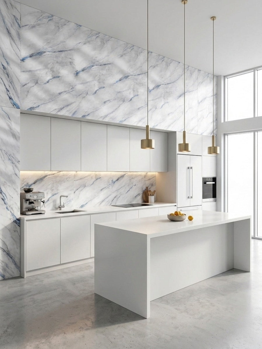 Bright modern kitchen with 3D Bluewave PVC marble sheets covering the backsplash and upper walls