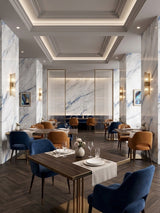 Elegant restaurant interior featuring white and blue-veined 3D Bluewave PVC marble sheets on walls and columns
