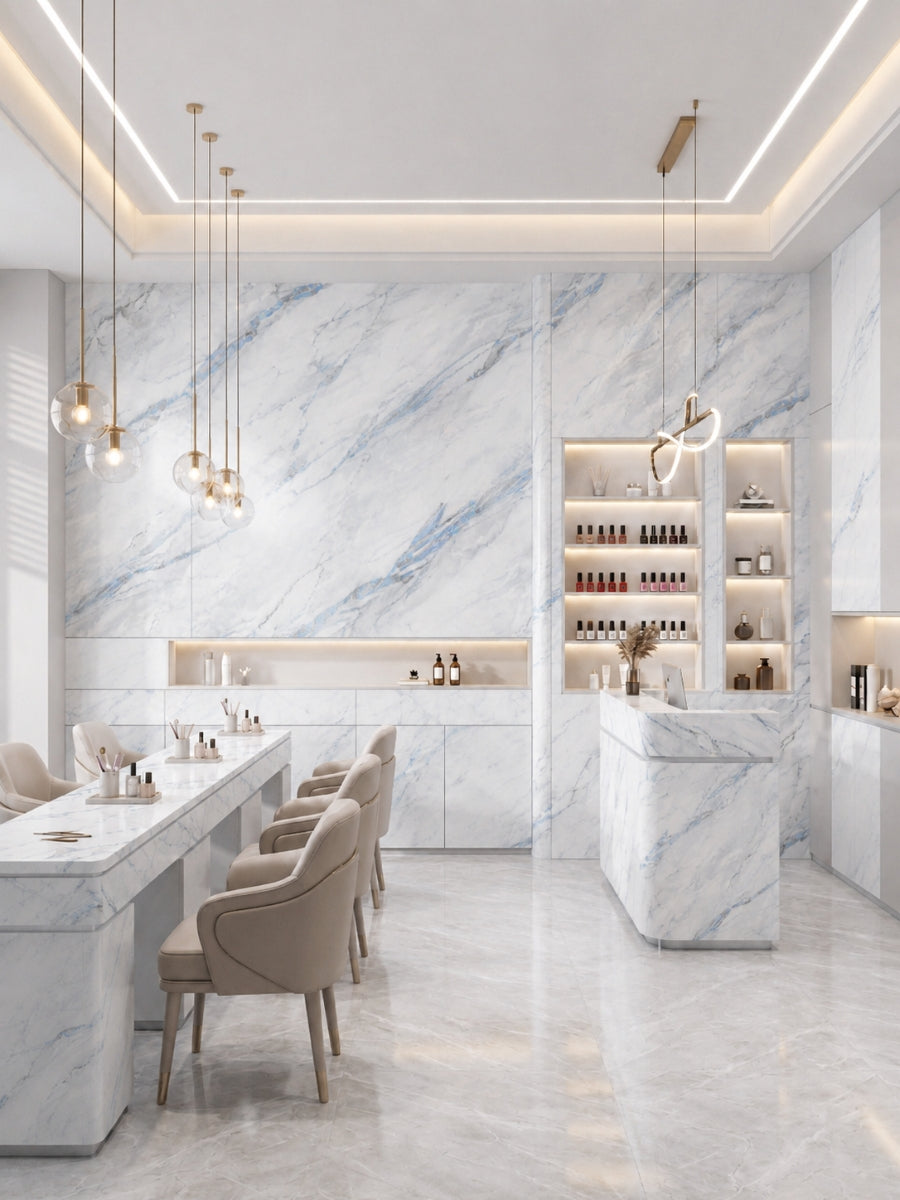 Bright dining and bar interior finished with blue-veined 3D Bluewave PVC marble sheets on walls and counters