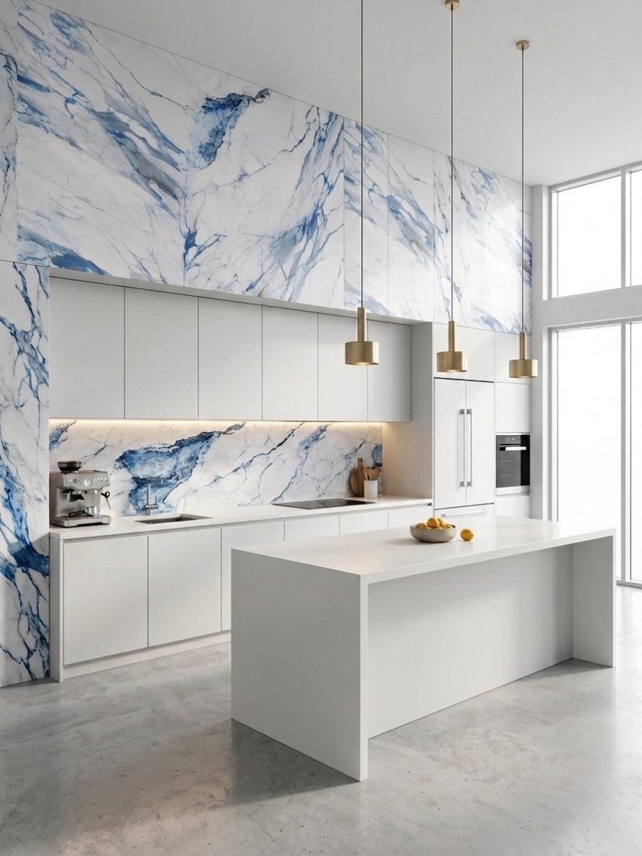 Bright modern kitchen with blue-veined Calacatta Azur PVC wall panels, white cabinetry and island