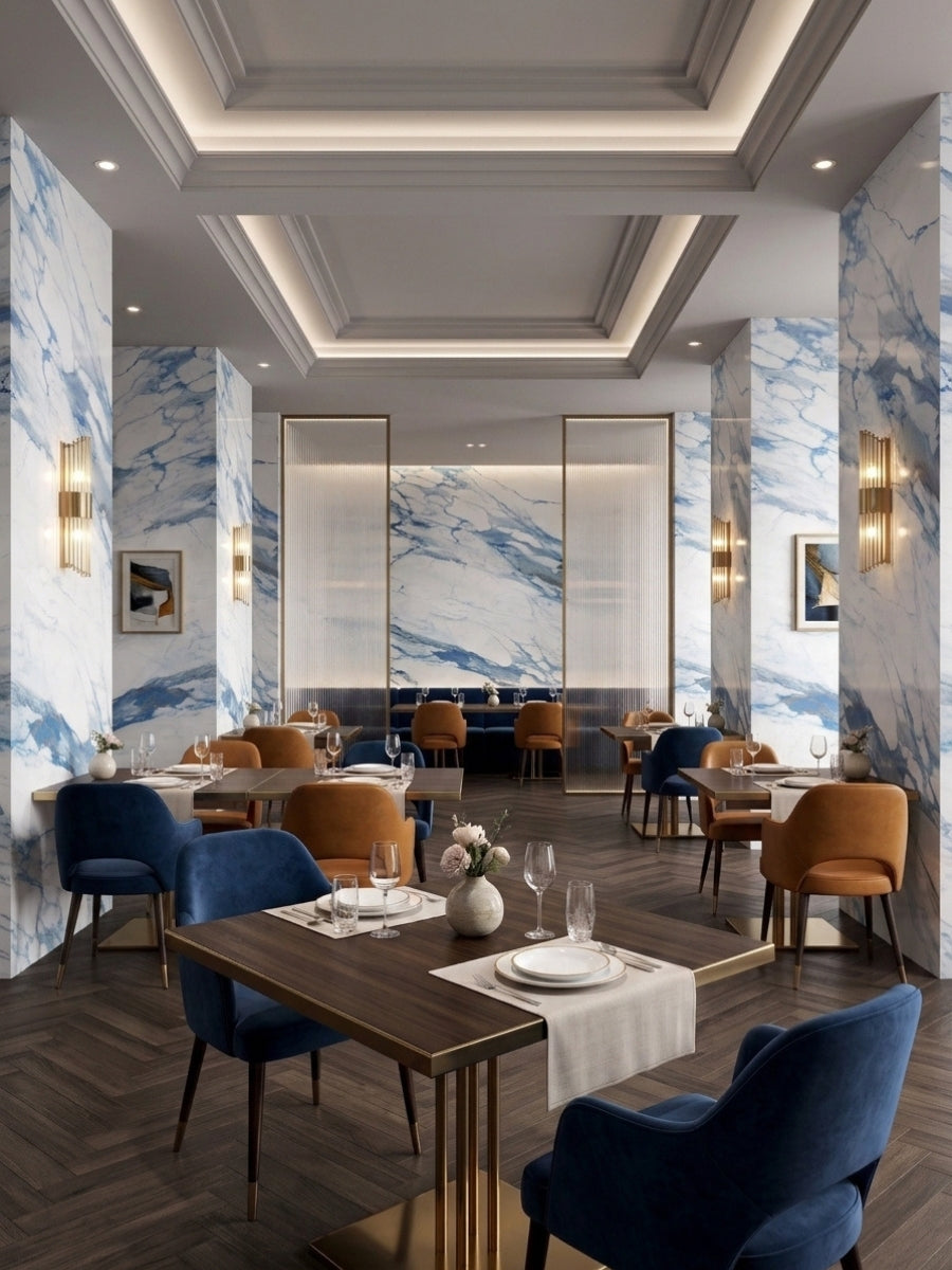 Restaurant dining room accented with blue-veined Calacatta Azur marble-look PVC wall panels