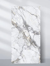 4x8 ft PVC marble sheet displayed upright with a white surface and dramatic gray and gold deep veining