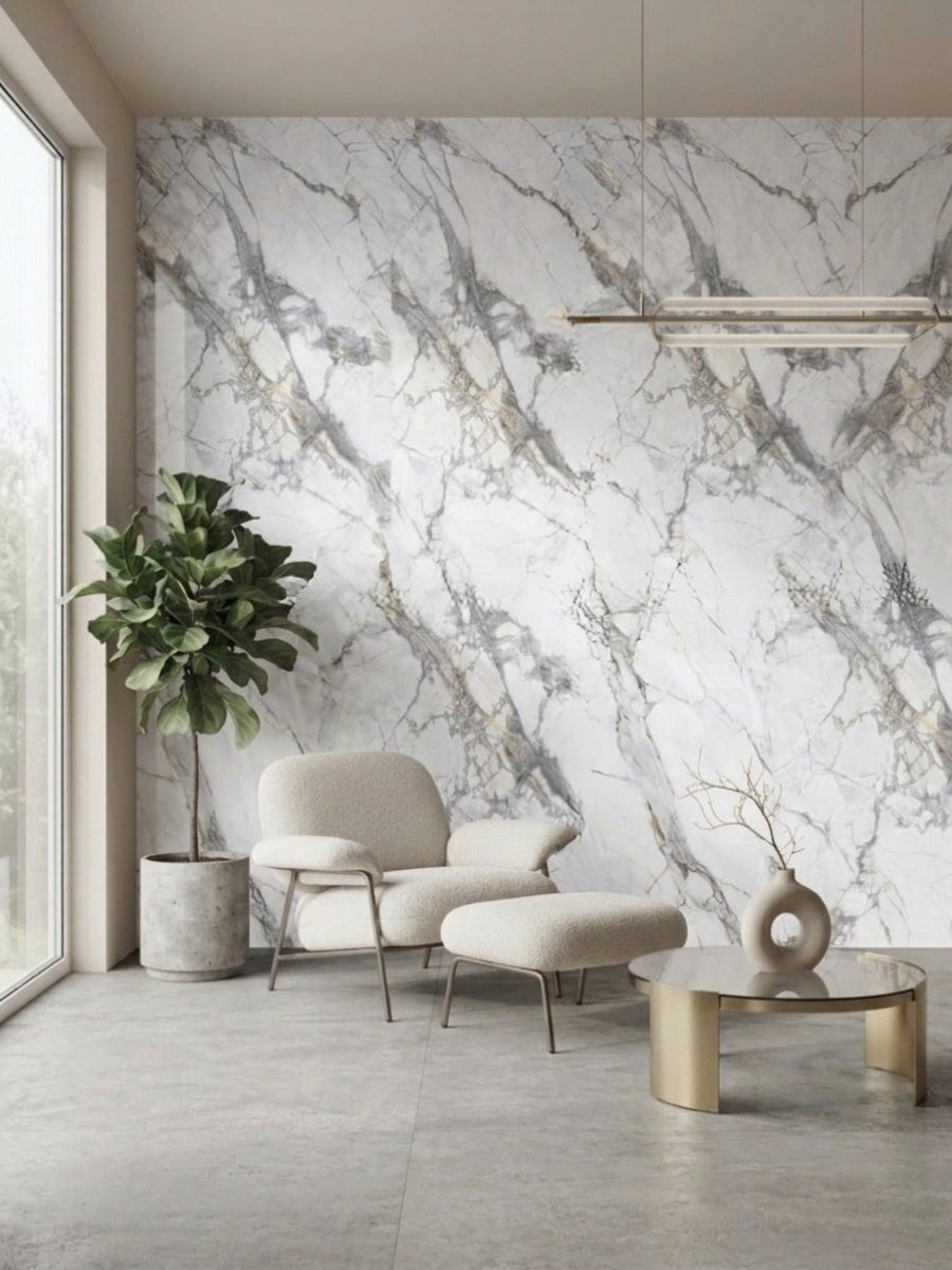 White PVC marble sheets with bold gray veining installed as a modern sitting room accent wall