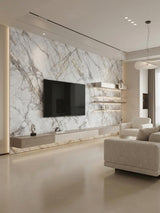 Deep-vein PVC marble sheets installed on a floor-to-ceiling TV feature wall with floating shelves