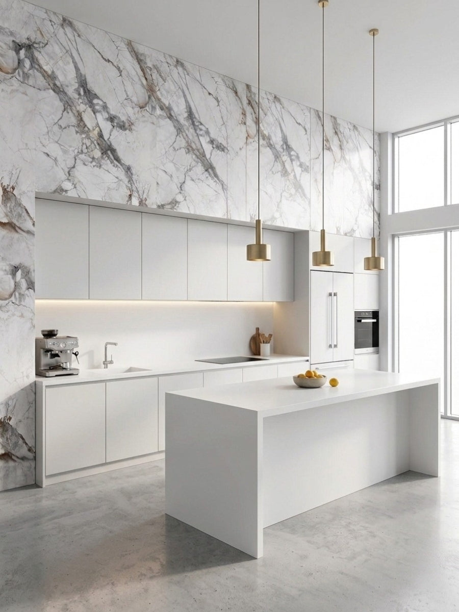 White and gray deep-vein PVC marble sheets covering the upper walls of a bright modern kitchen