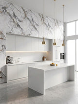 White and gray deep-vein PVC marble sheets covering the upper walls of a bright modern kitchen