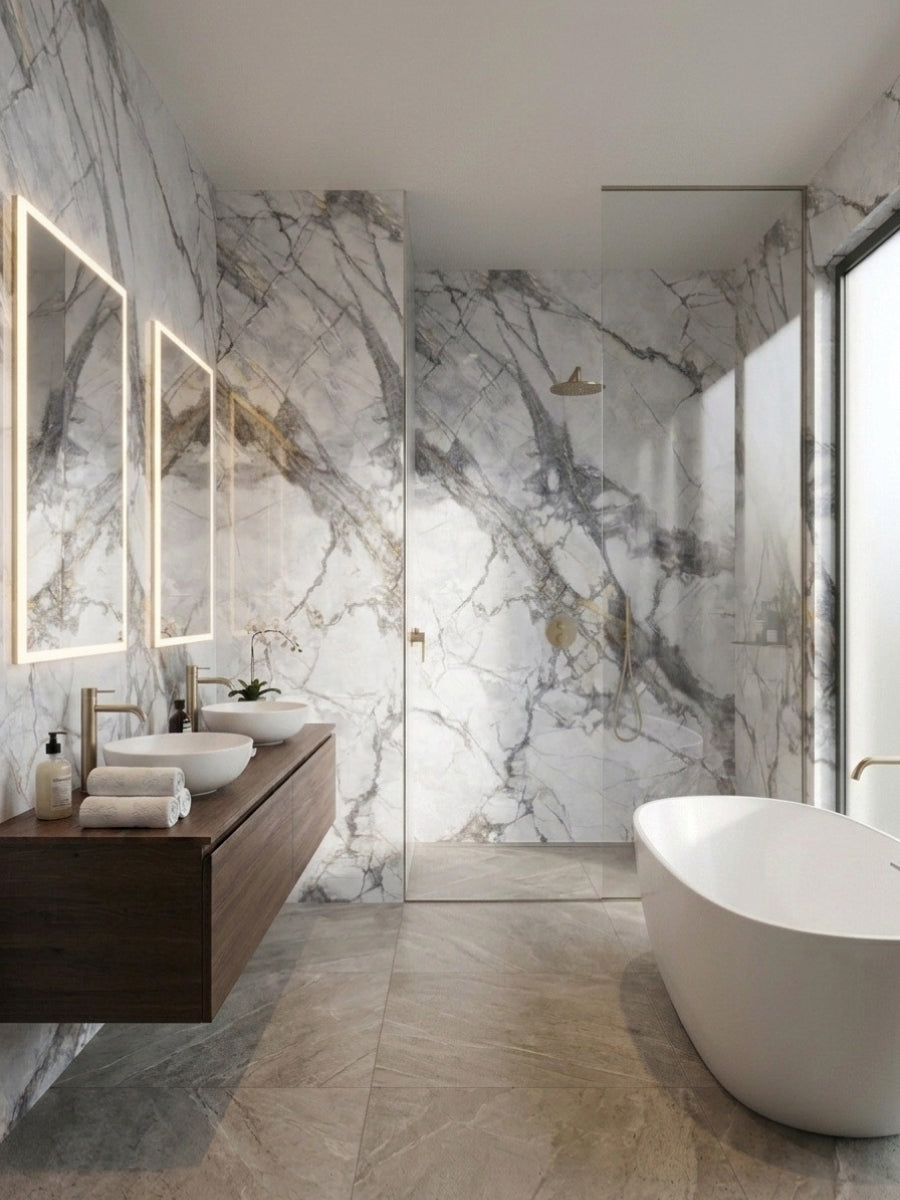 Waterproof PVC marble sheets with dramatic gray and gold veining installed on bathroom and shower walls