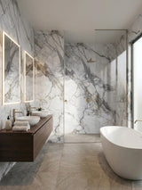 Waterproof PVC marble sheets with dramatic gray and gold veining installed on bathroom and shower walls