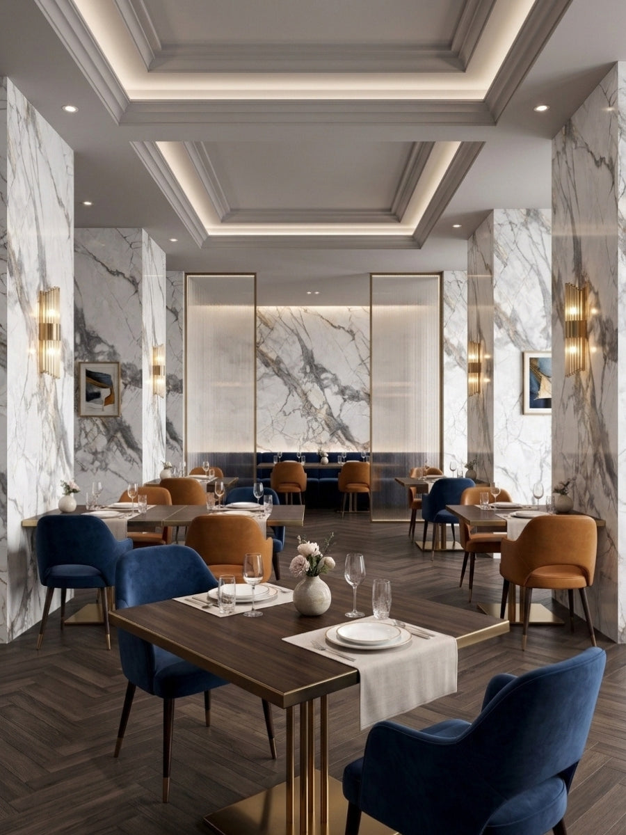 White PVC marble sheets with deep gray veining covering restaurant walls and columns