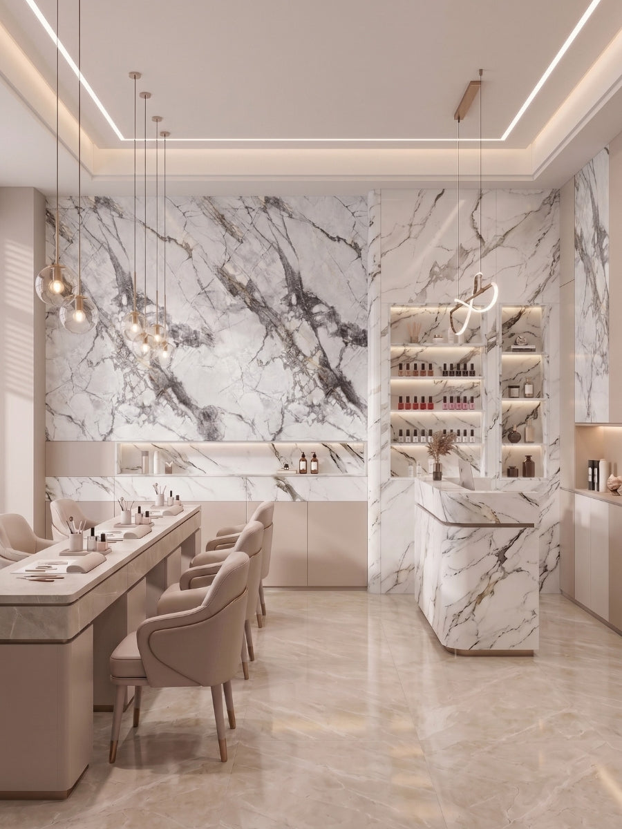 Deep-vein PVC marble sheets installed across a modern dining room wall, bar, and counter