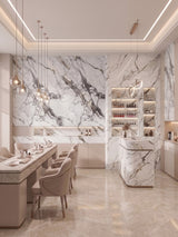 Deep-vein PVC marble sheets installed across a modern dining room wall, bar, and counter
