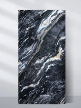 3D Doral Night marble-look PVC wall panel with sweeping black, white, gray and gold veining, 4 x 8 ft