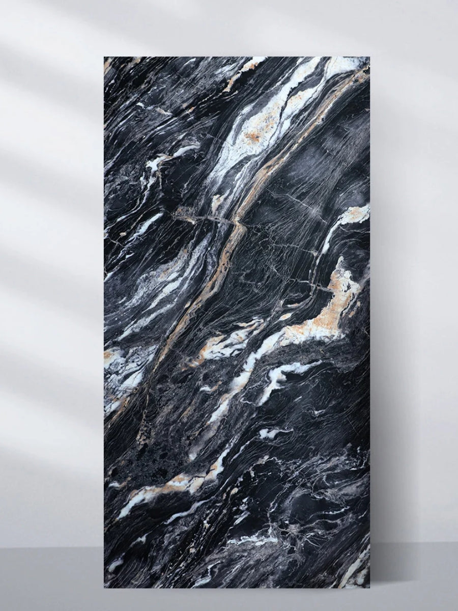 3D Doral Night marble-look PVC wall panel with sweeping black, white, gray and gold veining, 4 x 8 ft