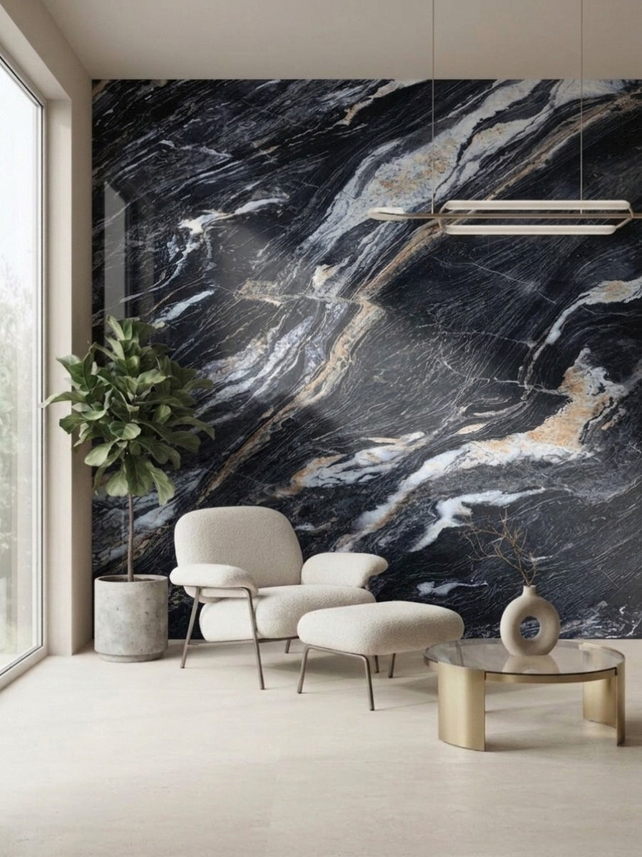 Doral Night marble-look PVC panel installed as a black, white and gold feature wall in a modern sitting area