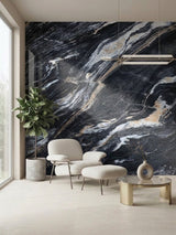Doral Night marble-look PVC panel installed as a black, white and gold feature wall in a modern sitting area