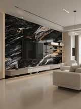 Modern living room media wall clad in Doral Night marble-look PVC panels with bold white and gold veining
