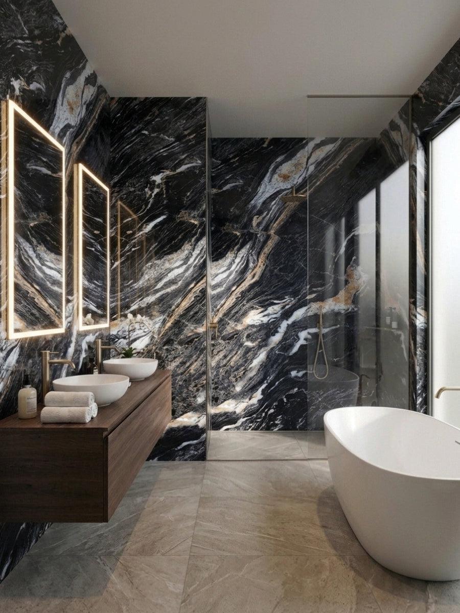 Doral Night marble-look wall panels surrounding a double vanity and glass shower in a modern bathroom