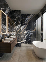 Doral Night marble-look wall panels surrounding a double vanity and glass shower in a modern bathroom