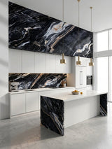 Modern white kitchen with Doral Night marble-look panels on the backsplash, upper wall and island ends