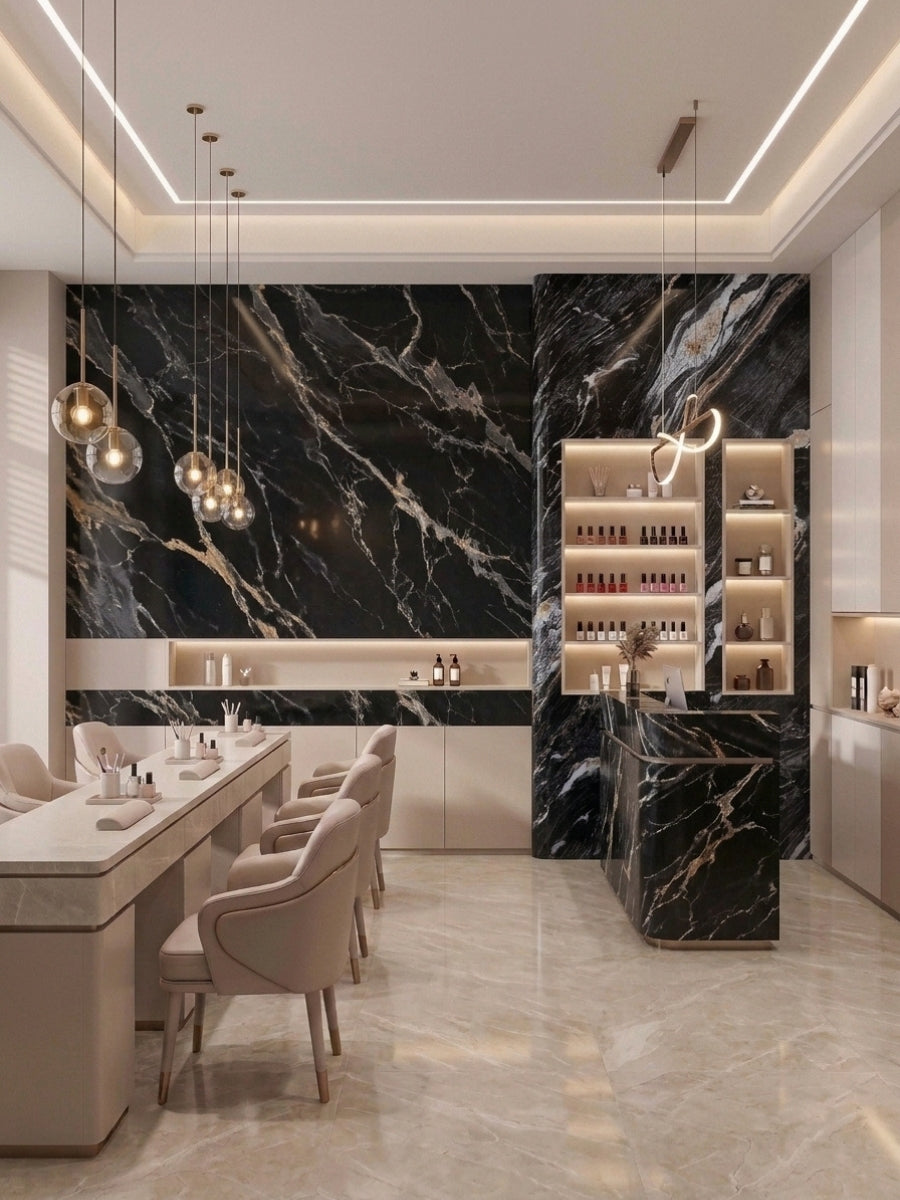 Contemporary bar with Doral Night marble-look wall panels, illuminated bottle shelving and pendant lights